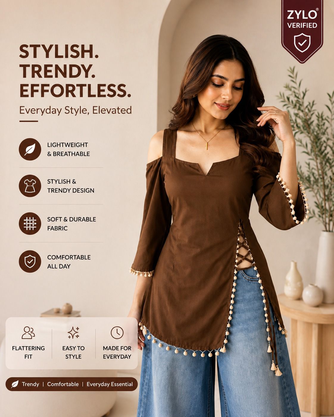 Cold-Shoulder Pom-Pom Top — Brown